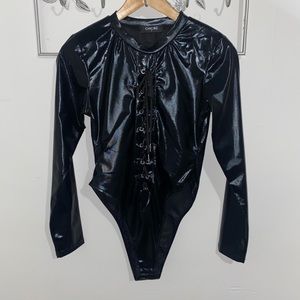 PU Leather Lace-Up Bodysuit